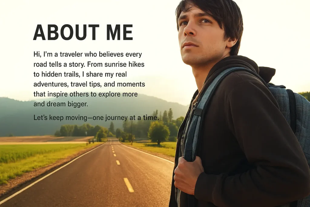 Solo traveler walking along an open mountain road at sunrise with a backpack, symbolizing freedom and exploration.