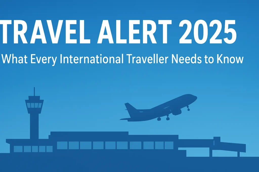 Minimal blue travel banner showing an airport terminal with a control tower and an airplane taking off under the title ‘Travel Alert 2025 — What Every International Traveller Needs to Know