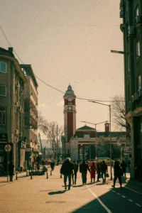 Eco conscious traveler exploring crowded streets of Paris